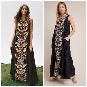Anthropologie Samant Chauhan size 10 medium Black Embroidered maxi Dress boho ti